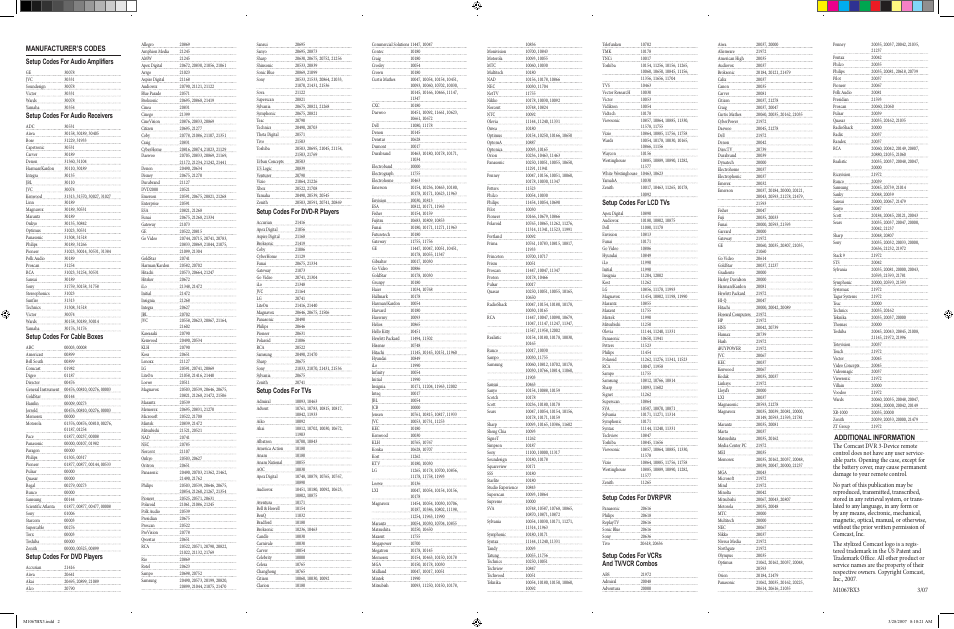 Fold, Setup codes for audio receivers, Setup codes for cable boxes | Setup codes for dvd players, Setup codes for dvd-r players, Setup codes for tvs, Setup codes for lcd tvs, Setup codes for dvr/pvr, Setup codes for vcrs and tv/vcr combos, Additional information | Comcast M1067BX3 User Manual | Page 2 / 2