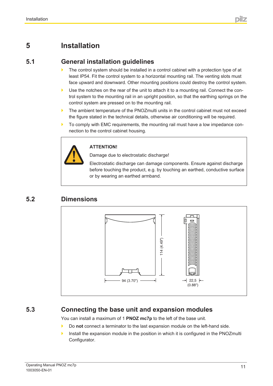 5 installation, 1 general installation guidelines, 2 dimensions | 3 connecting the base unit and expansion modules, Section 5, Installation, General installation guidelines, Dimensions, Connecting the base unit and expansion modules | Pilz PNOZ mc7p CC-Link coated version User Manual | Page 11 / 18