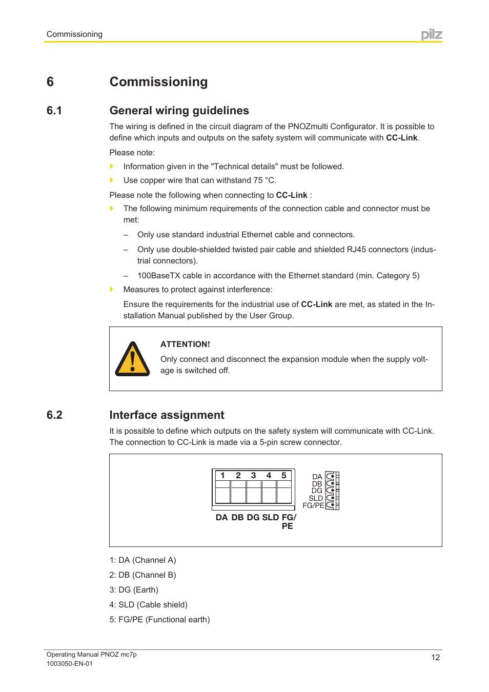 6 commissioning, 1 general wiring guidelines, 2 interface assignment | Section 6, Commissioning, General wiring guidelines, Interface assignment | Pilz PNOZ mc7p CC-Link coated version User Manual | Page 12 / 18