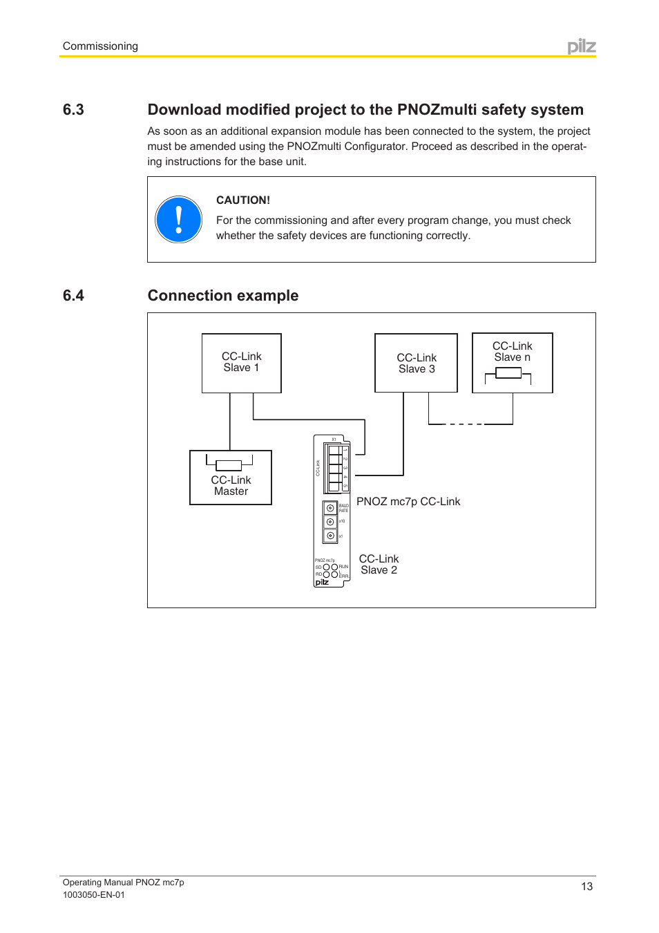 4 connection example, Connection example, Commissioning | Pilz PNOZ mc7p CC-Link coated version User Manual | Page 13 / 18