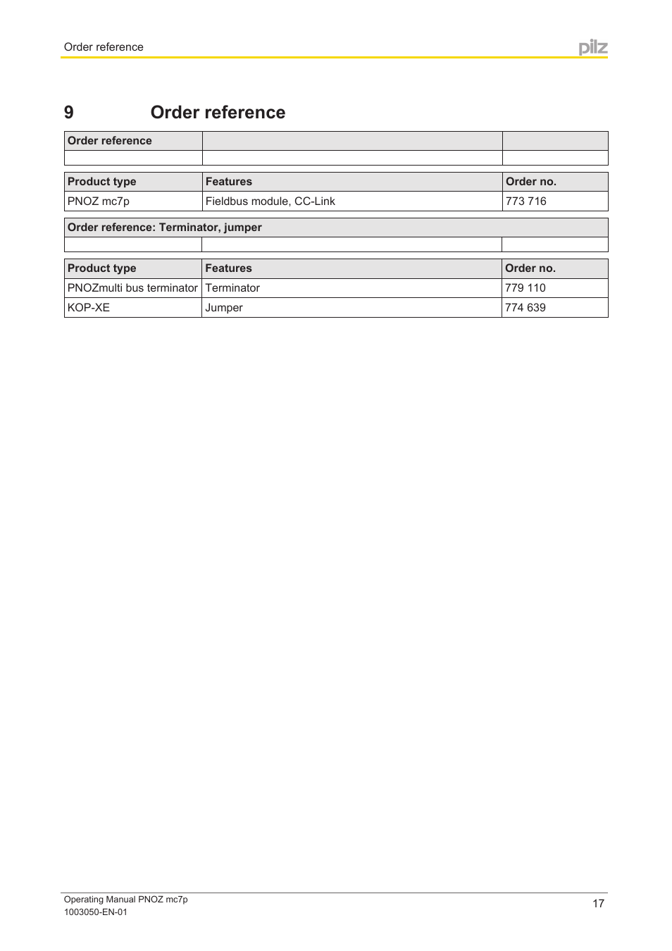 9 order reference, Section 9, Order reference | Pilz PNOZ mc7p CC-Link coated version User Manual | Page 17 / 18