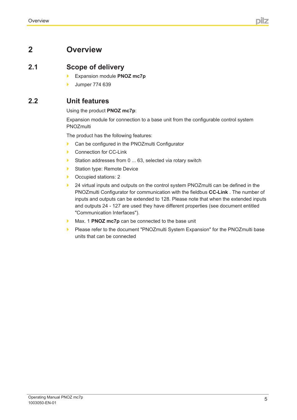 2 overview, 1 scope of delivery, 2 unit features | Section 2, Overview, Scope of delivery, Unit features | Pilz PNOZ mc7p CC-Link coated version User Manual | Page 5 / 18