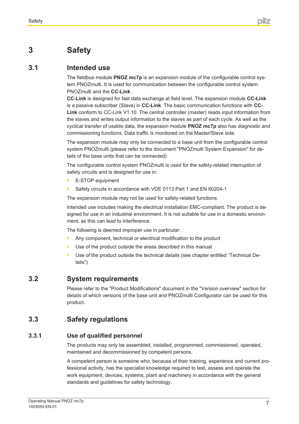 3 safety, 1 intended use, 2 system requirements | 3 safety regulations, 1 use of qualified personnel, Section 3, Safety, Intended use, System requirements, Safety regulations | Pilz PNOZ mc7p CC-Link coated version User Manual | Page 7 / 18