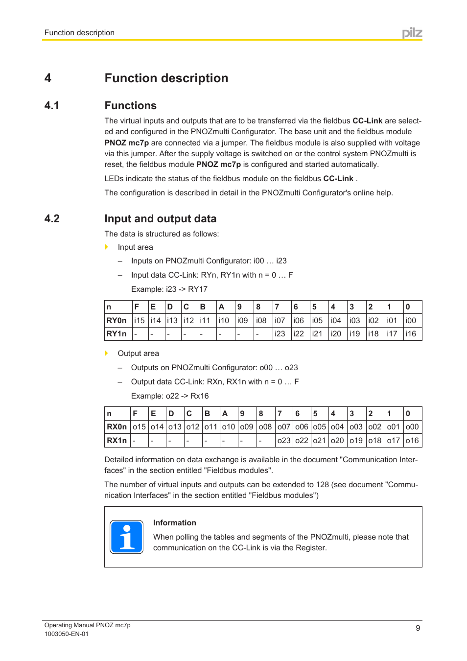 4 function description, 1 functions, 2 input and output data | Section 4, Function description, Functions, Input and output data | Pilz PNOZ mc7p CC-Link coated version User Manual | Page 9 / 18