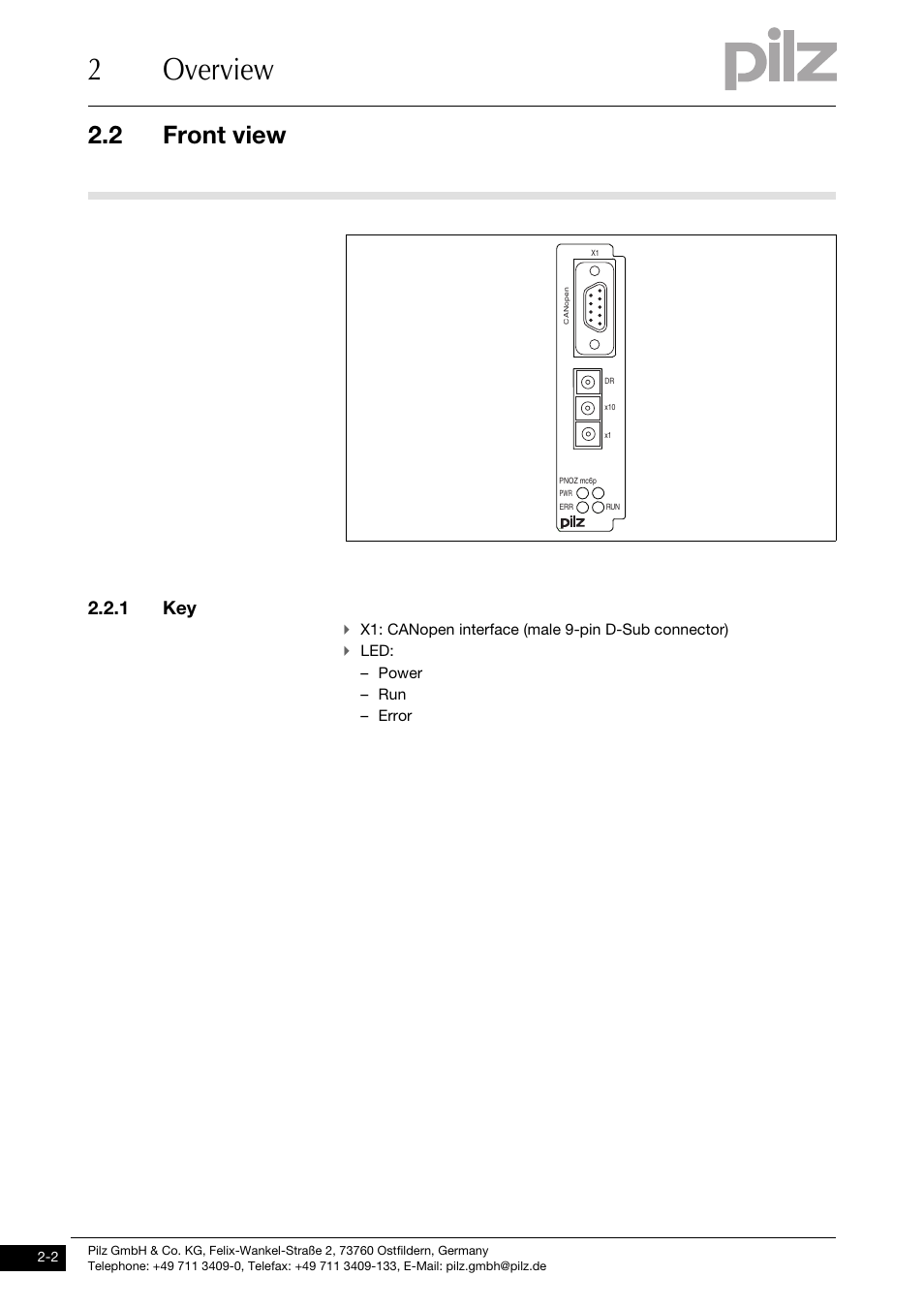 Front view, 1 key, 2overview | 2 front view | Pilz PNOZ mc6p CANopen coated version User Manual | Page 10 / 29