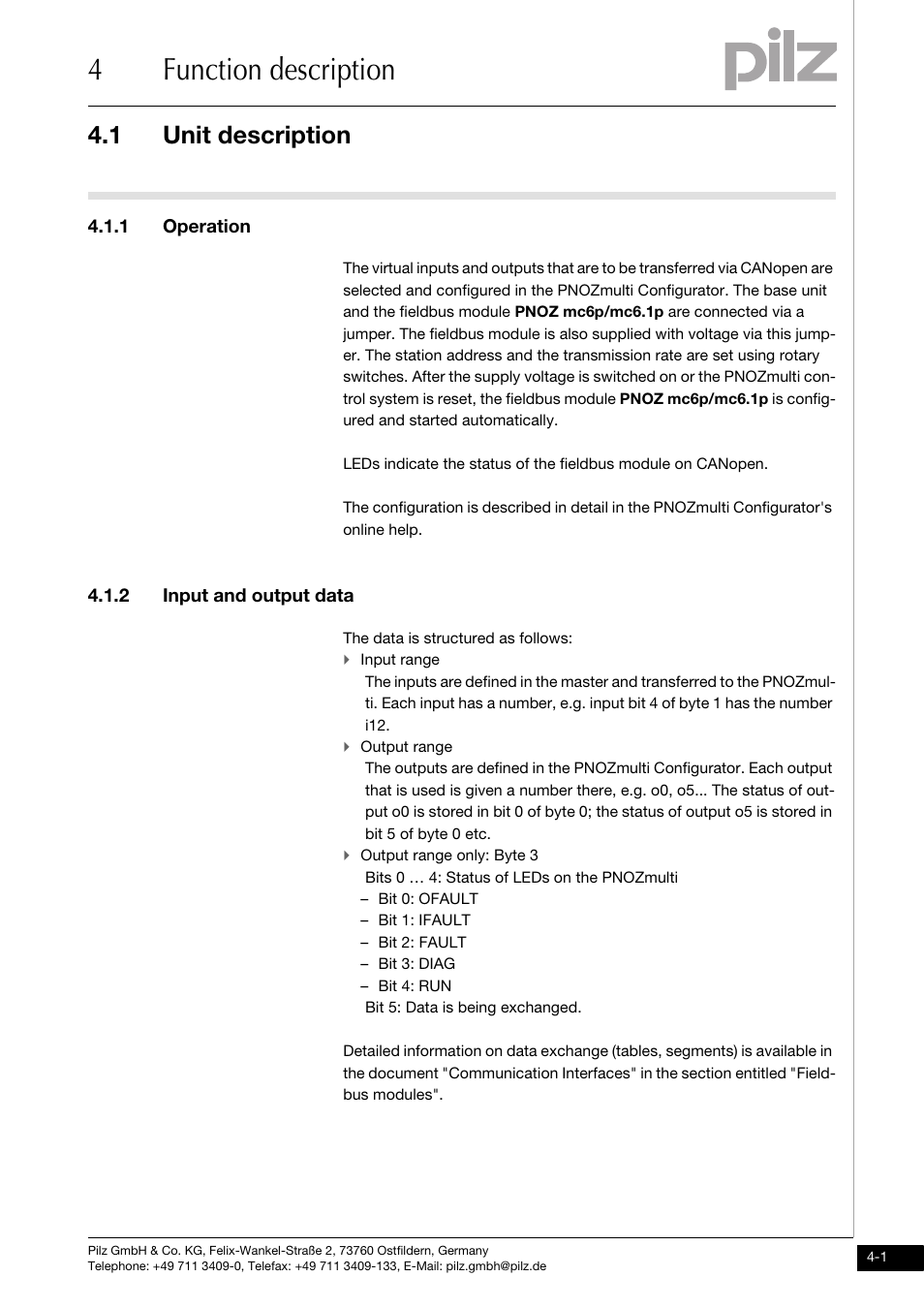 4 function description, Unit description, 1 operation | 2 input and output data, 4function description, 1 unit description | Pilz PNOZ mc6p CANopen coated version User Manual | Page 15 / 29