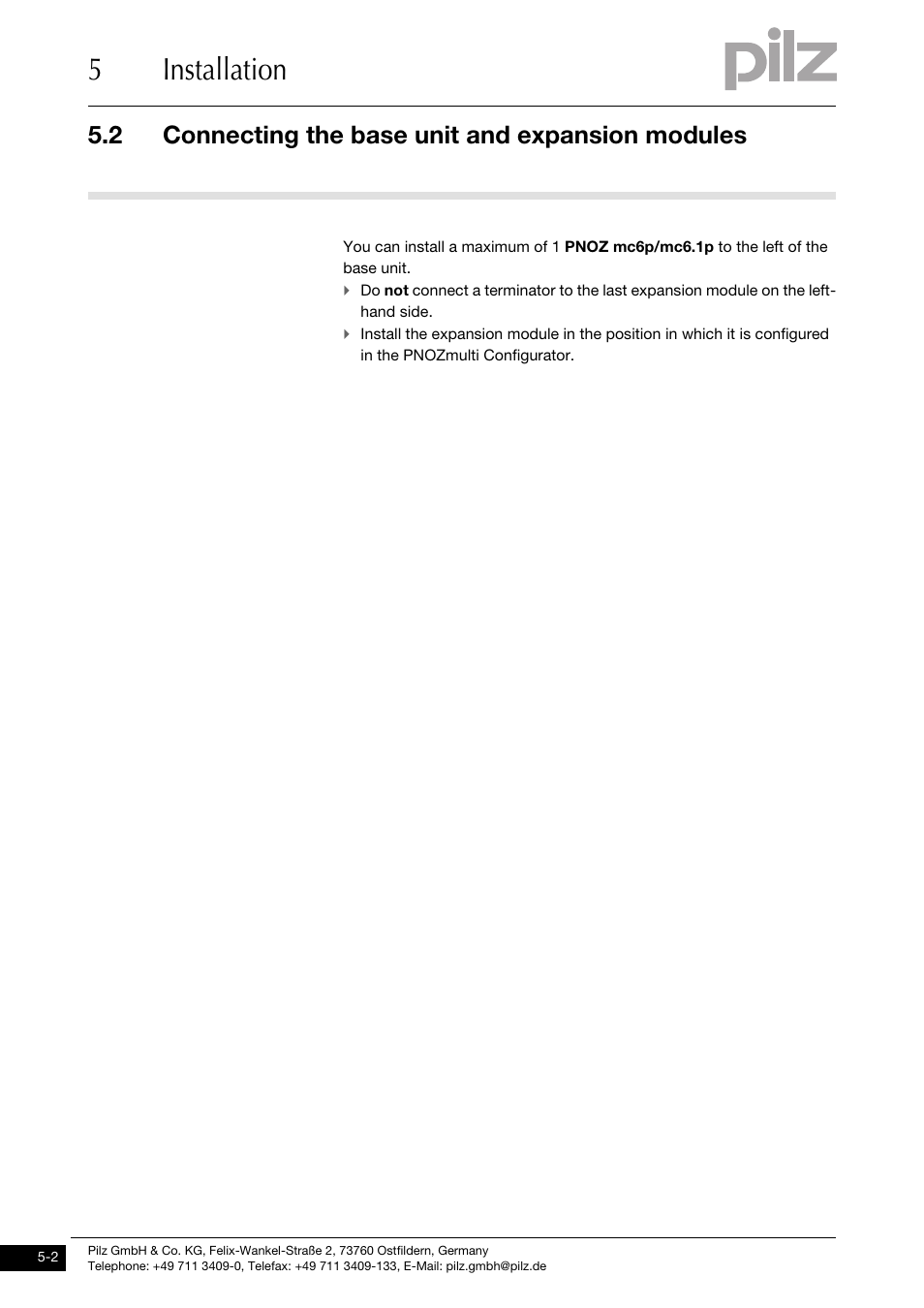 Connecting the base unit and expansion modules, 5installation, 2 connecting the base unit and expansion modules | Pilz PNOZ mc6p CANopen coated version User Manual | Page 18 / 29