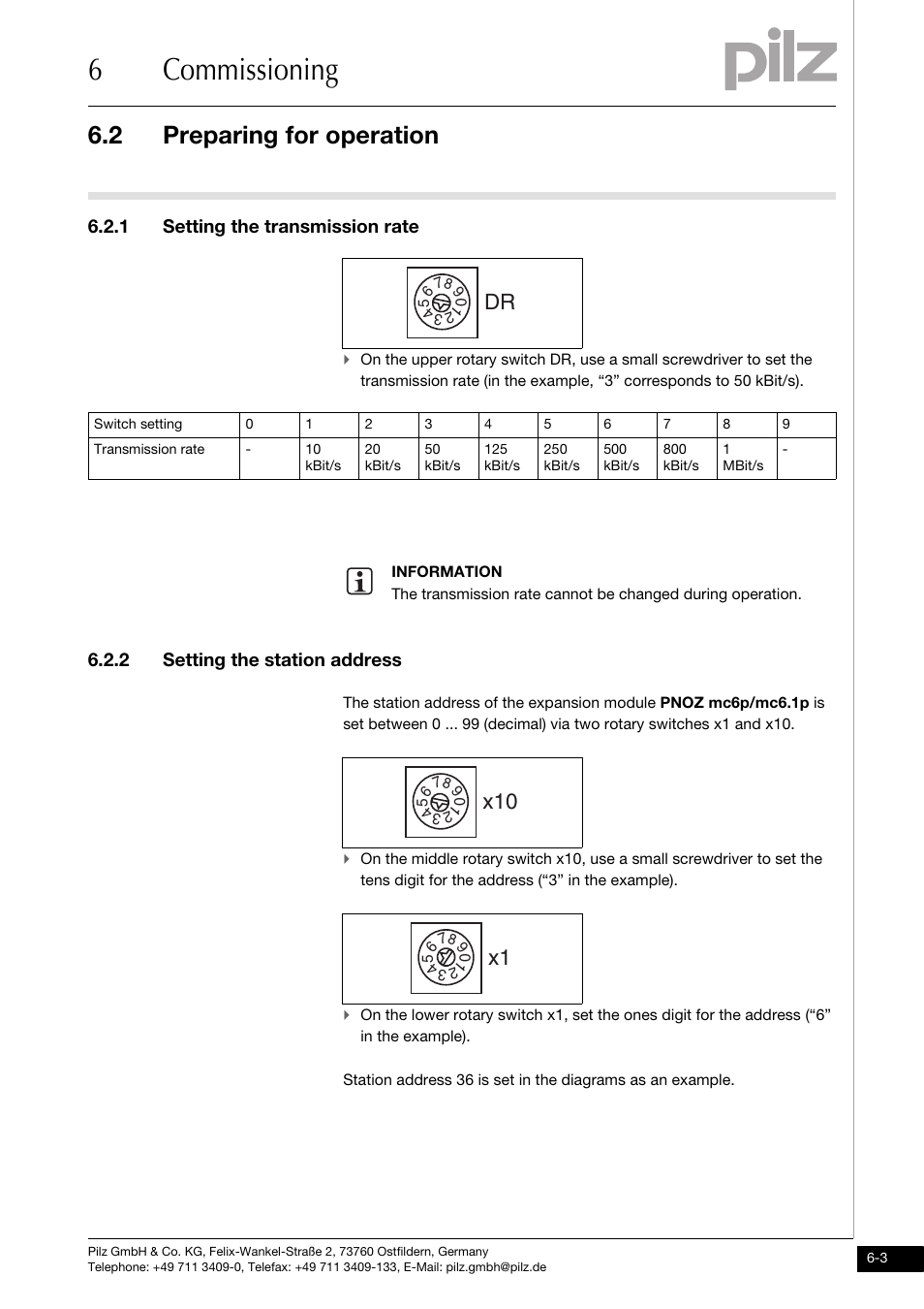Preparing for operation, 1 setting the transmission rate, 2 setting the station address | 6commissioning, 2 preparing for operation | Pilz PNOZ mc6p CANopen coated version User Manual | Page 21 / 29