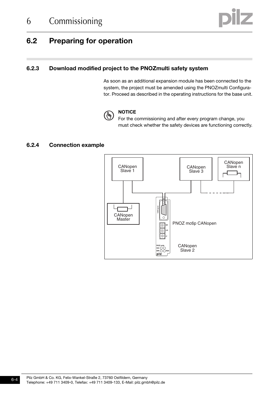 4 connection example, 6commissioning, 2 preparing for operation | Pilz PNOZ mc6p CANopen coated version User Manual | Page 22 / 29