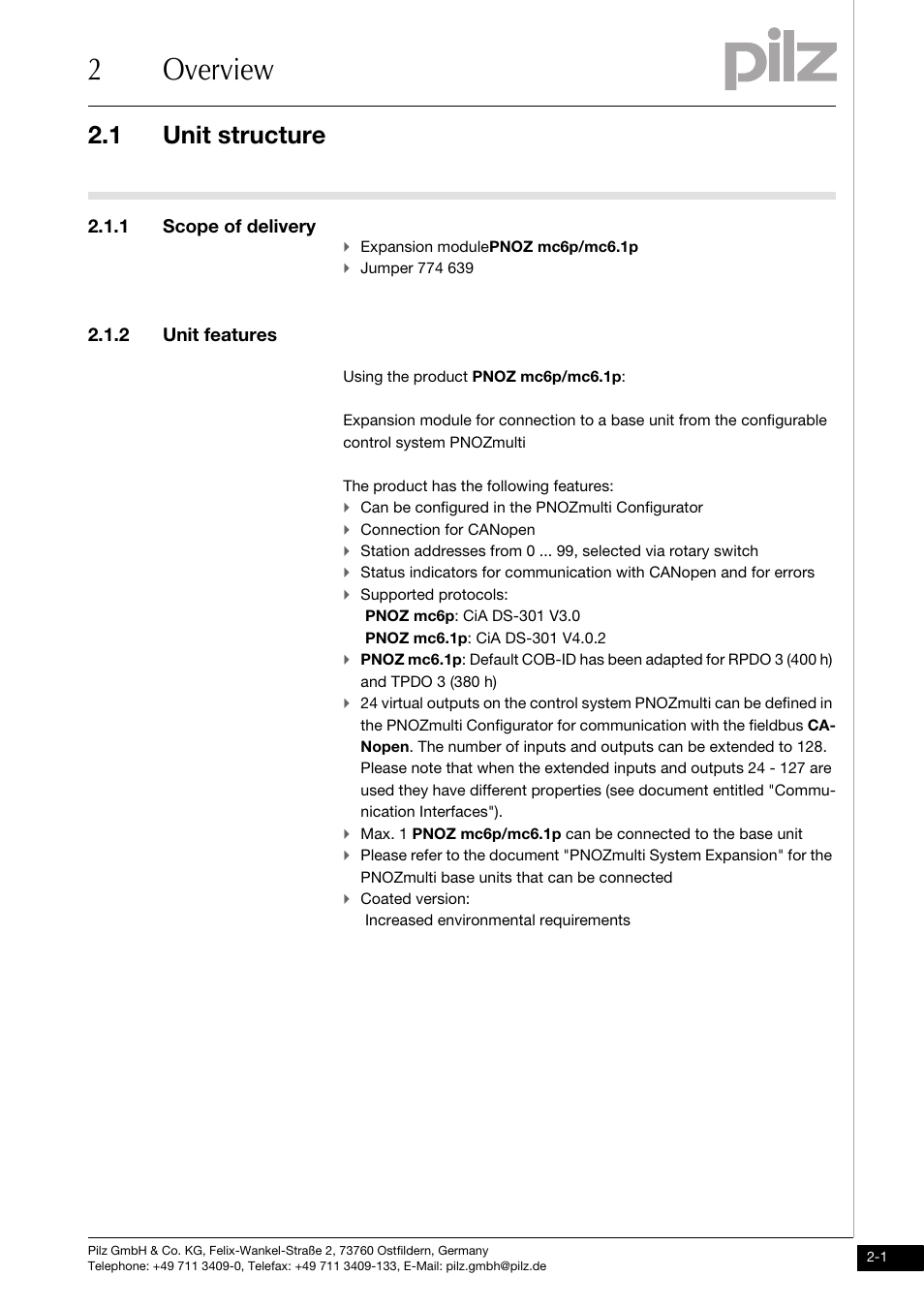 2 overview, Unit structure, 1 scope of delivery | 2 unit features, 2overview, 1 unit structure | Pilz PNOZ mc6p CANopen coated version User Manual | Page 9 / 29