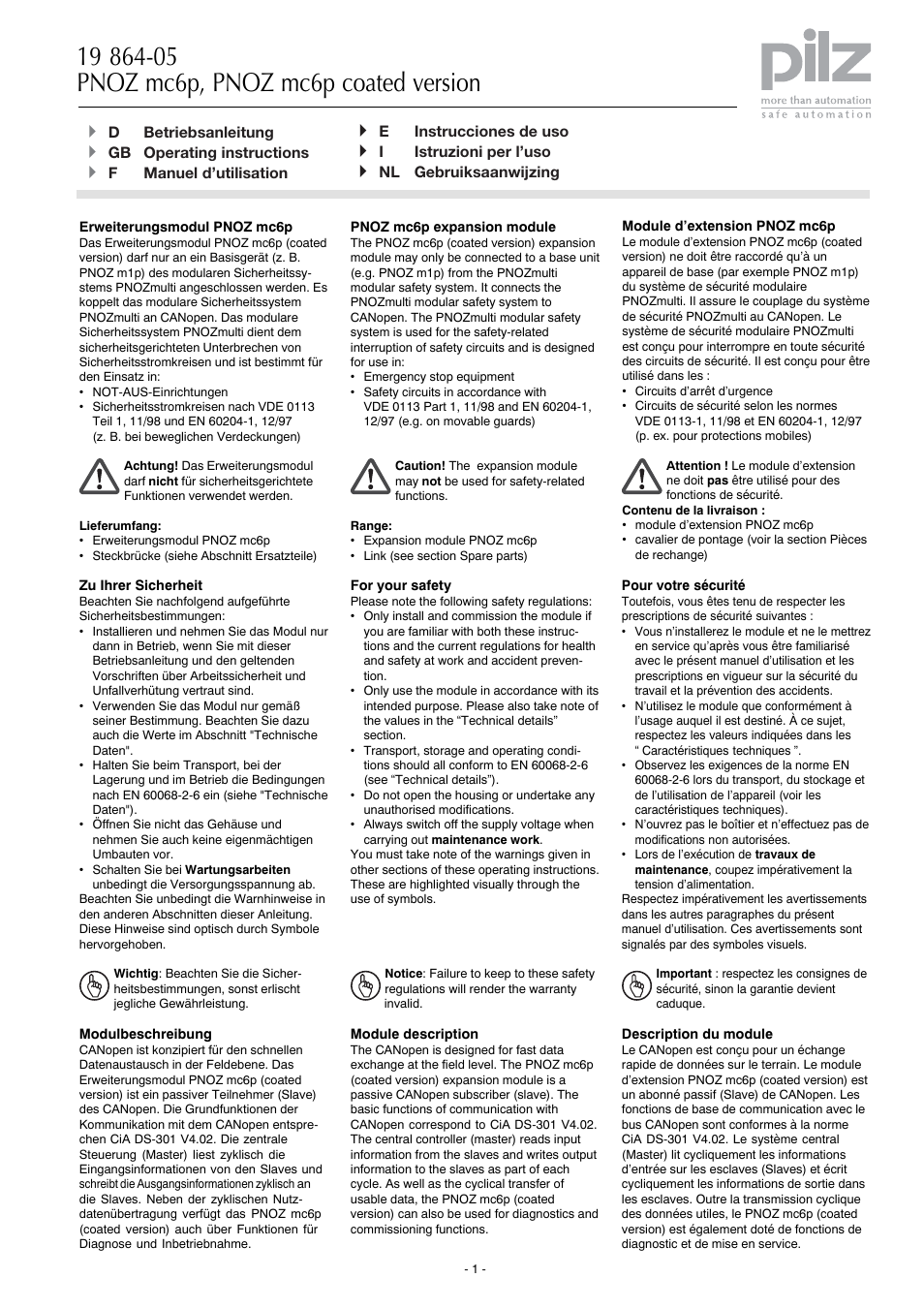 Pilz PNOZ mc6p CANopen coated version User Manual | 16 pages