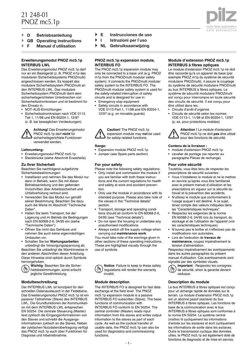 Pilz PNOZmc5.1p Interbus LWL / Fiberoptic User Manual | 16 pages