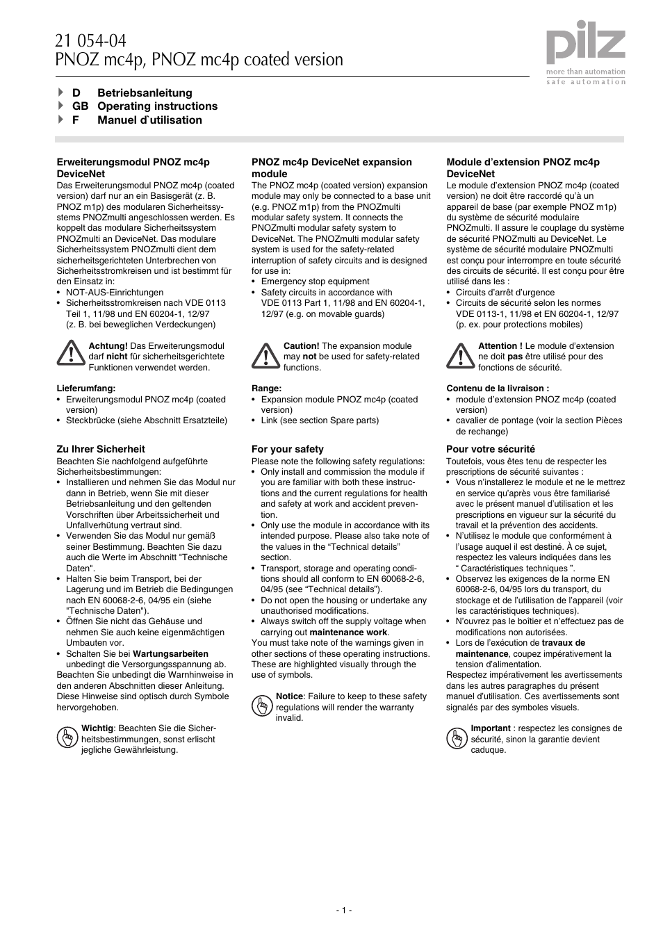 Pilz PNOZ mc4p DeviceNet coated version User Manual | 16 pages