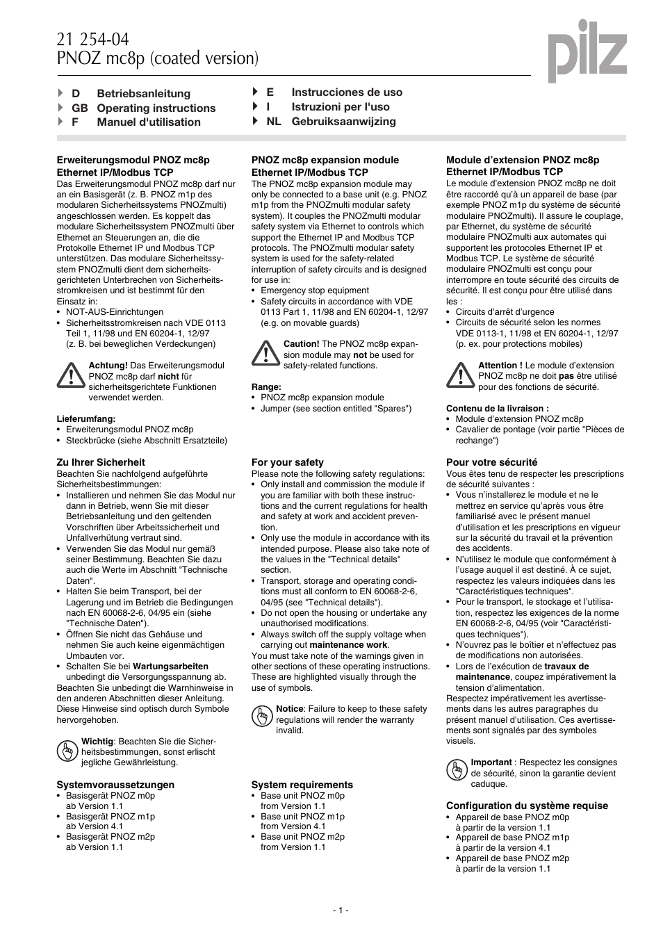 Pilz PNOZ mc8p Ethernet IP / Modbus TCP User Manual | 20 pages