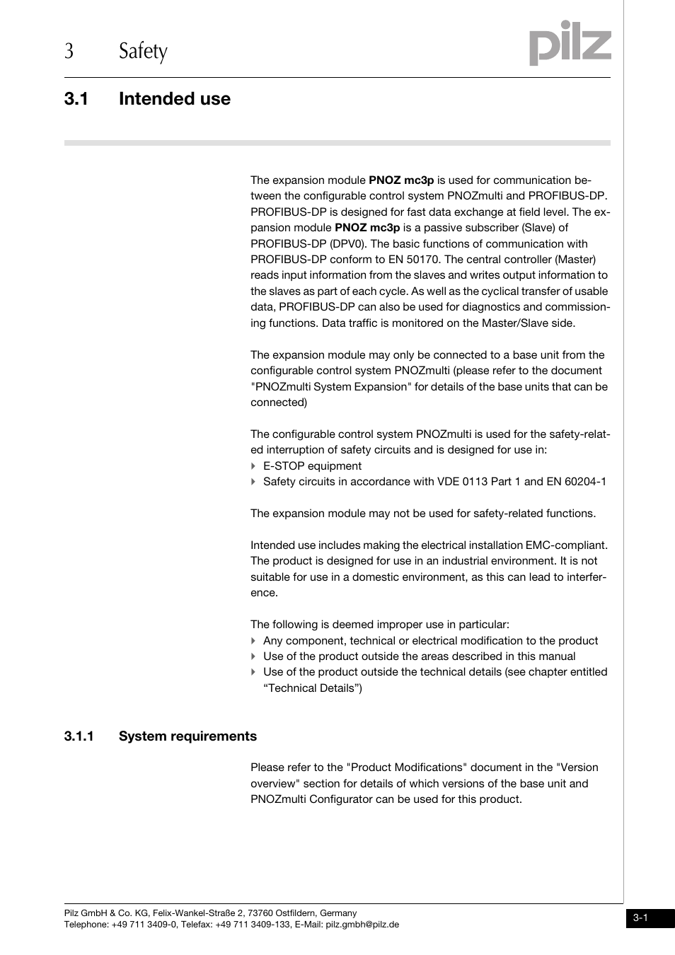 Safety, Intended use, System requirements | 3safety, 1 intended use, 1 system requirements | Pilz PNOZ mc3p Profibus 2 User Manual | Page 11 / 27