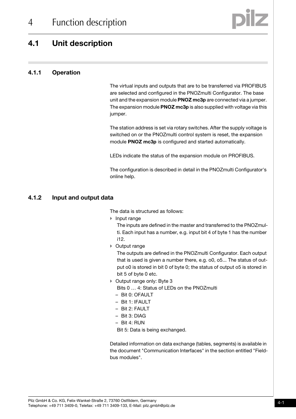Function description, Unit description, Operation | Input and output data, 4function description, 1 unit description, 1 operation, 2 input and output data | Pilz PNOZ mc3p Profibus 2 User Manual | Page 15 / 27