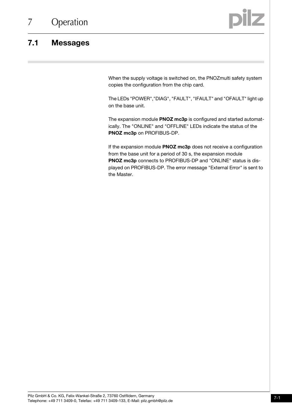 Operation, Messages, 7operation | 1 messages | Pilz PNOZ mc3p Profibus 2 User Manual | Page 23 / 27