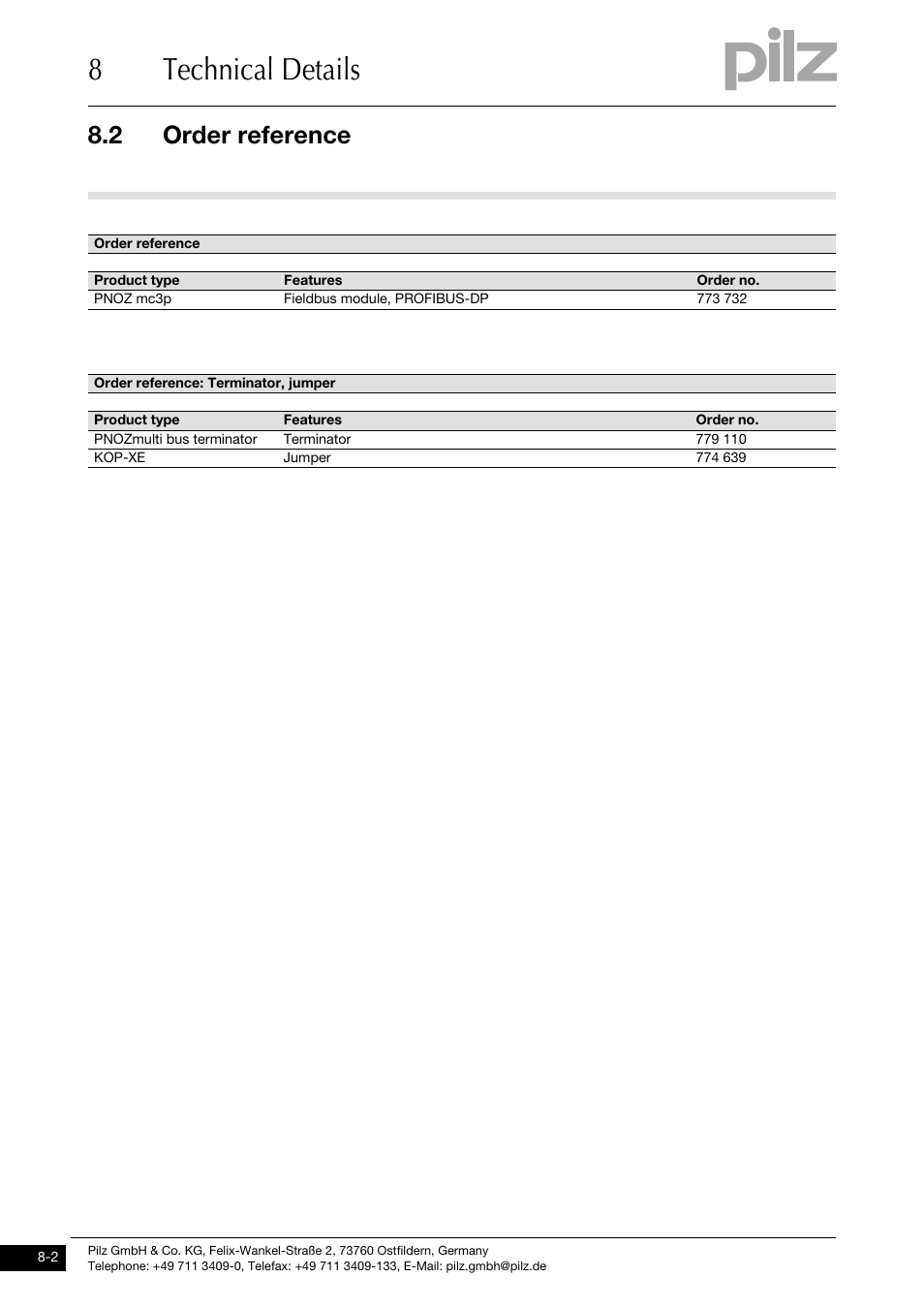 Order reference, 8technical details, 2 order reference | Pilz PNOZ mc3p Profibus 2 User Manual | Page 26 / 27