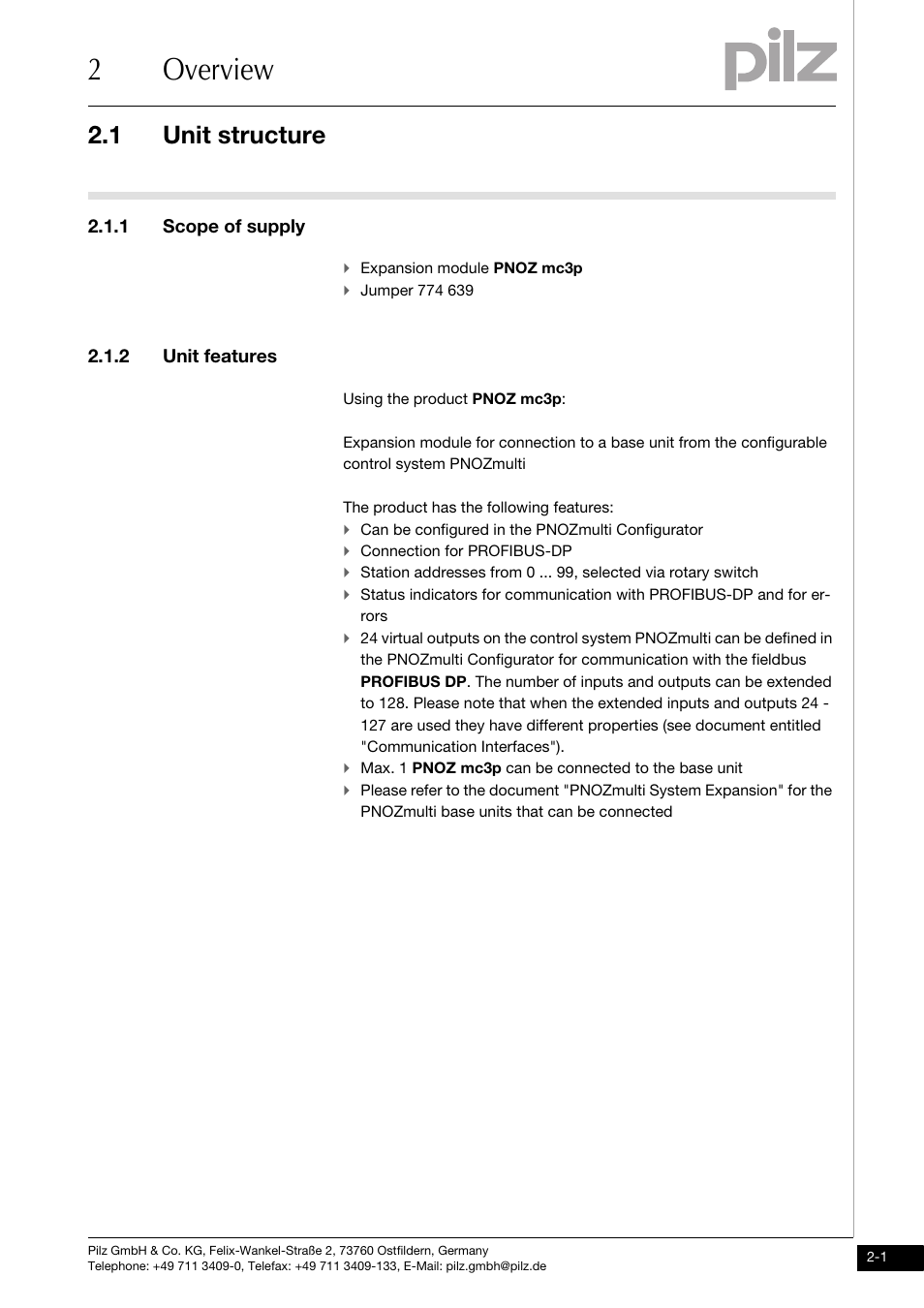 Overview, Unit structure, Scope of supply | Unit features, 2overview, 1 unit structure, 1 scope of supply, 2 unit features | Pilz PNOZ mc3p Profibus 2 User Manual | Page 9 / 27