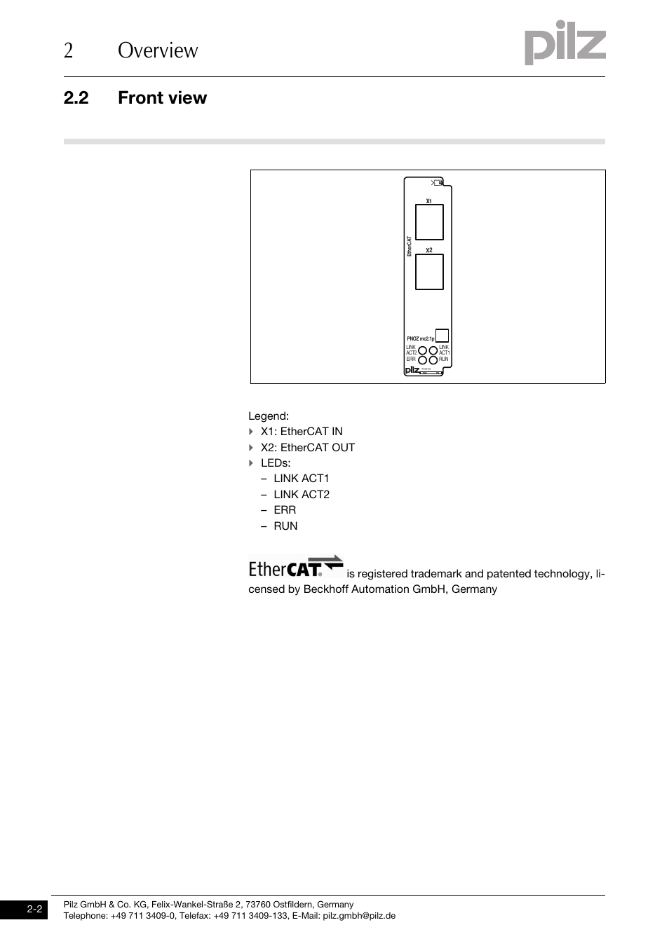 Front view, 2overview, 2 front view | Pilz PNOZ mc2.1p EtherCAT 2 User Manual | Page 10 / 27