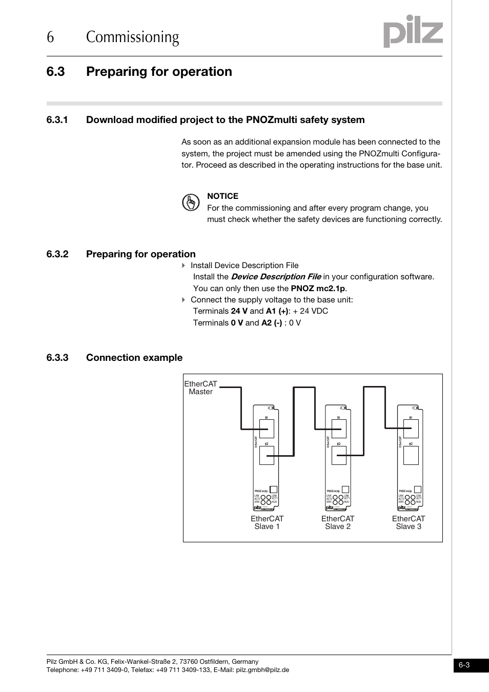 Preparing for operation, 2 preparing for operation, 3 connection example | 6commissioning, 3 preparing for operation, Device description file, Install device description file install the, Ethercat slave 1 ethercat slave 3 | Pilz PNOZ mc2.1p EtherCAT 2 User Manual | Page 21 / 27