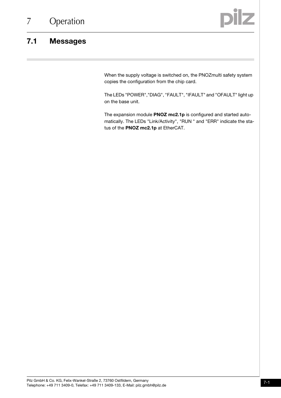 7 operation, Messages, 7operation | 1 messages | Pilz PNOZ mc2.1p EtherCAT 2 User Manual | Page 23 / 27