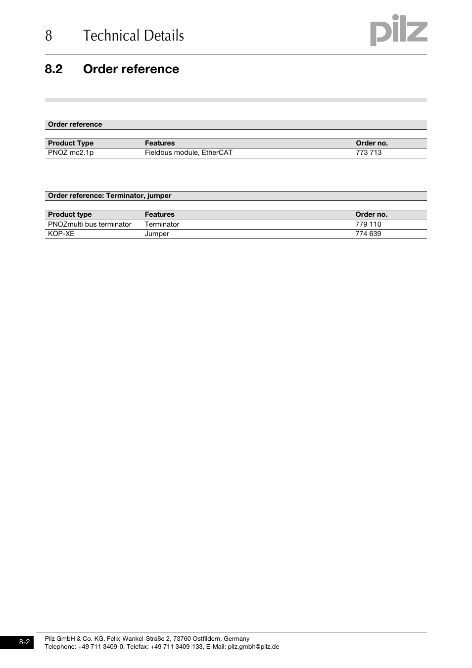 Order reference, 8technical details, 2 order reference | Pilz PNOZ mc2.1p EtherCAT 2 User Manual | Page 26 / 27