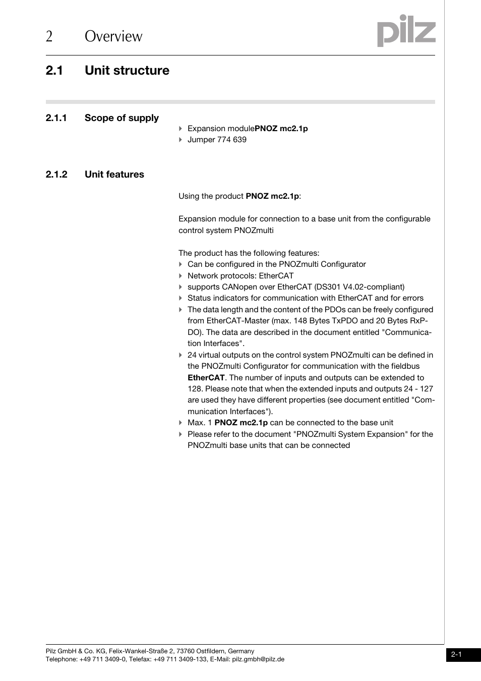 2 overview, Unit structure, 1 scope of supply | 2 unit features, 2overview, 1 unit structure | Pilz PNOZ mc2.1p EtherCAT 2 User Manual | Page 9 / 27