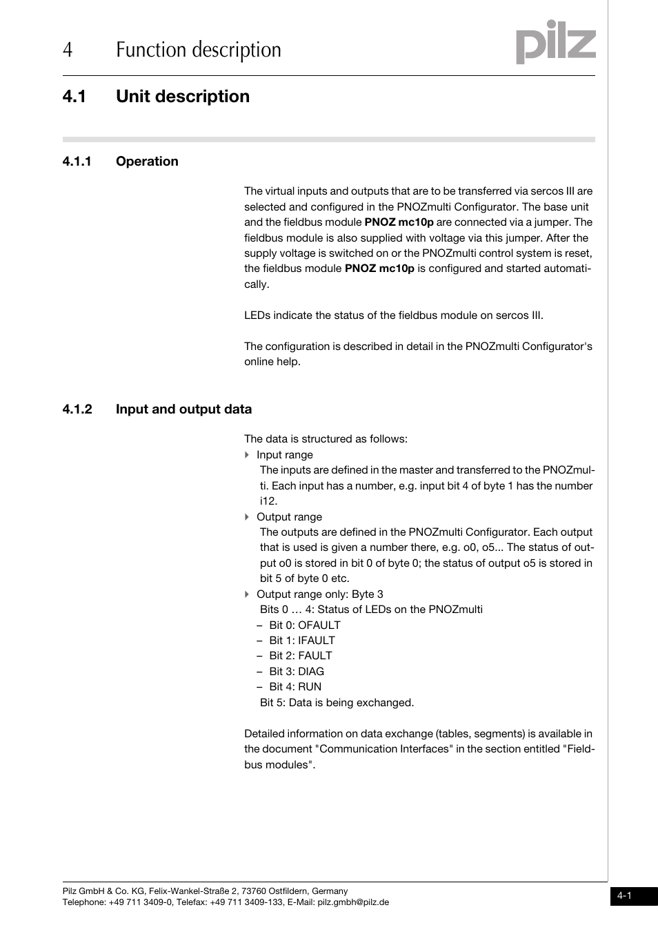 Function description, Unit description, 1 operation | 2 input and output data, 4function description, 1 unit description | Pilz PNOZ mc10p SERCOS III User Manual | Page 15 / 27