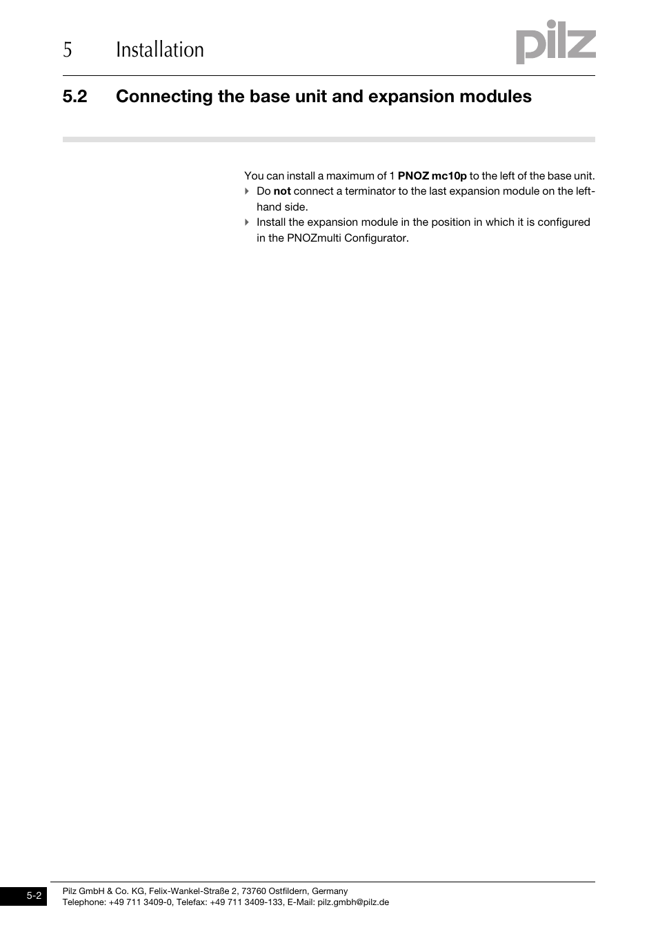 Connecting the base unit and expansion modules, 5installation, 2 connecting the base unit and expansion modules | Pilz PNOZ mc10p SERCOS III User Manual | Page 18 / 27