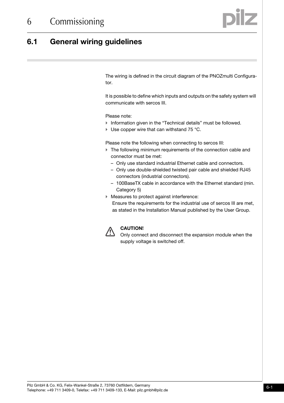 Commissioning, General wiring guidelines, 6commissioning | 1 general wiring guidelines | Pilz PNOZ mc10p SERCOS III User Manual | Page 19 / 27