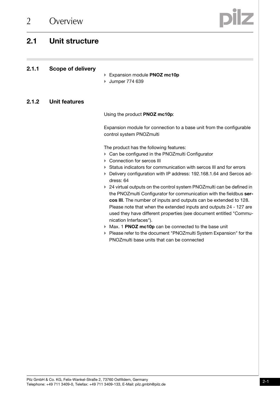 Overview, Unit structure, 1 scope of delivery | 2 unit features, 2overview, 1 unit structure | Pilz PNOZ mc10p SERCOS III User Manual | Page 9 / 27