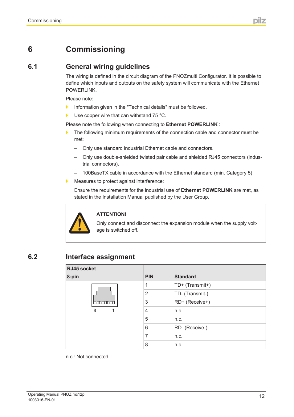6 commissioning, 1 general wiring guidelines, 2 interface assignment | Section 6, Commissioning, General wiring guidelines, Interface assignment | Pilz PNOZ mc12p Powerlink User Manual | Page 12 / 19