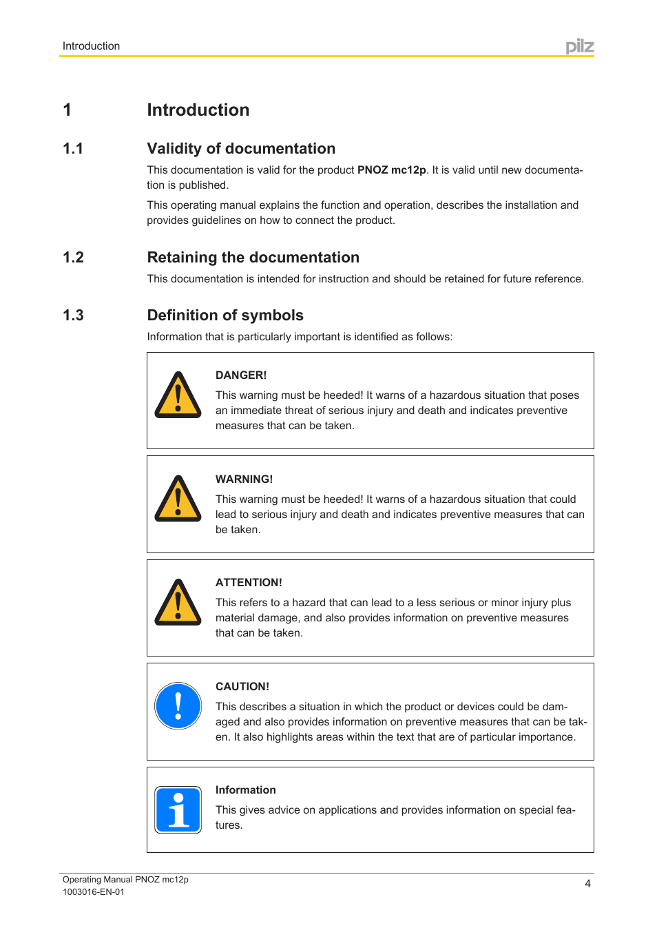 1 introduction, 1 validity of documentation, 2 retaining the documentation | 3 definition of symbols, Section 1, Introduction, Validity of documentation, Retaining the documentation, Definition of symbols | Pilz PNOZ mc12p Powerlink User Manual | Page 4 / 19