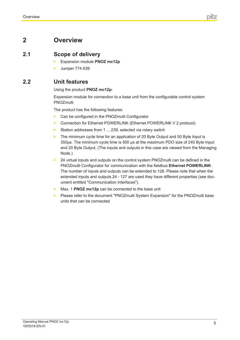 2 overview, 1 scope of delivery, 2 unit features | Section 2, Overview, Scope of delivery, Unit features | Pilz PNOZ mc12p Powerlink User Manual | Page 5 / 19