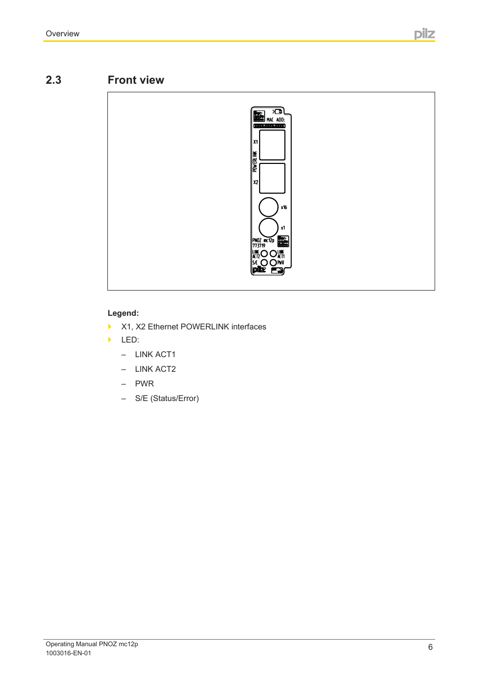 3 front view, Front view | Pilz PNOZ mc12p Powerlink User Manual | Page 6 / 19