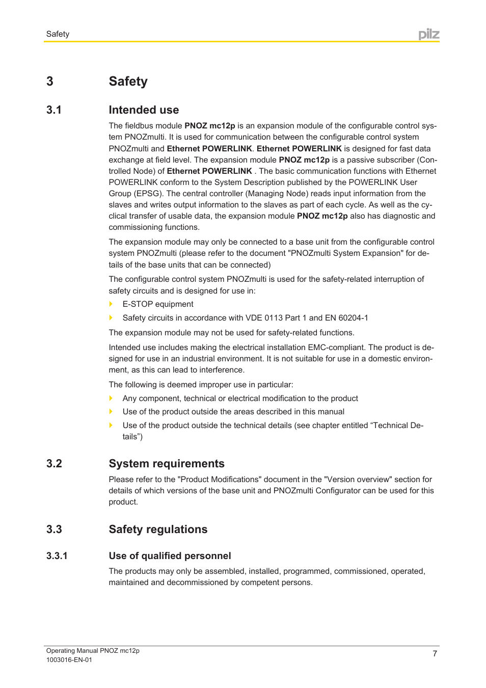 3 safety, 1 intended use, 2 system requirements | 3 safety regulations, 1 use of qualified personnel, Section 3, Safety, Intended use, System requirements, Safety regulations | Pilz PNOZ mc12p Powerlink User Manual | Page 7 / 19