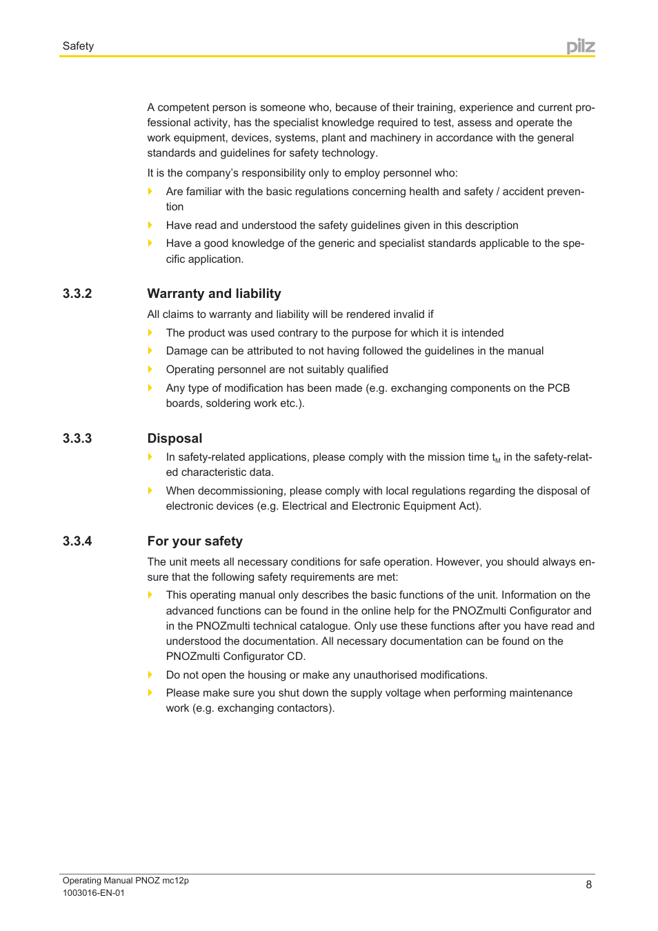 2 warranty and liability, 3 disposal, 4 for your safety | Warranty and liability, Disposal, For your safety | Pilz PNOZ mc12p Powerlink User Manual | Page 8 / 19