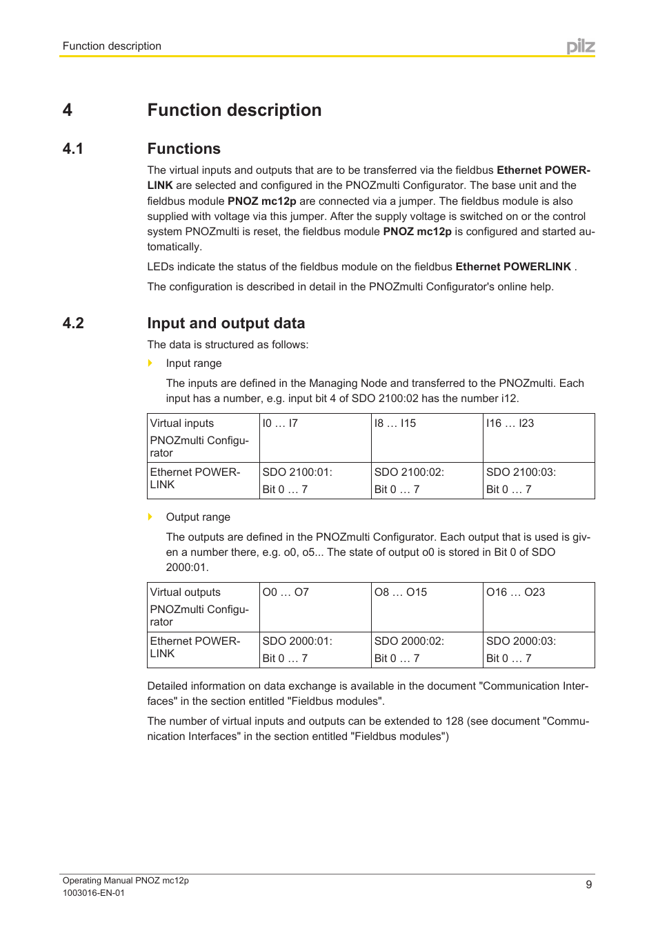 4 function description, 1 functions, 2 input and output data | Section 4, Function description, Functions, Input and output data | Pilz PNOZ mc12p Powerlink User Manual | Page 9 / 19