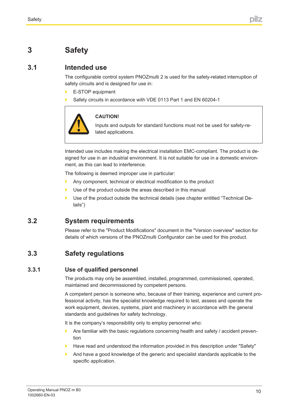 3 safety, 1 intended use, 2 system requirements | 3 safety regulations, 1 use of qualified personnel, Section 3, Safety, Intended use, System requirements, Safety regulations | Pilz PNOZ m B0 User Manual | Page 10 / 39