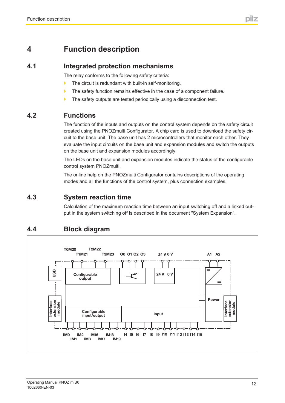 4 function description, 1 integrated protection mechanisms, 2 functions | 3 system reaction time, 4 block diagram, Section 4, Function description, Integrated protection mechanisms, Functions, System reaction time | Pilz PNOZ m B0 User Manual | Page 12 / 39