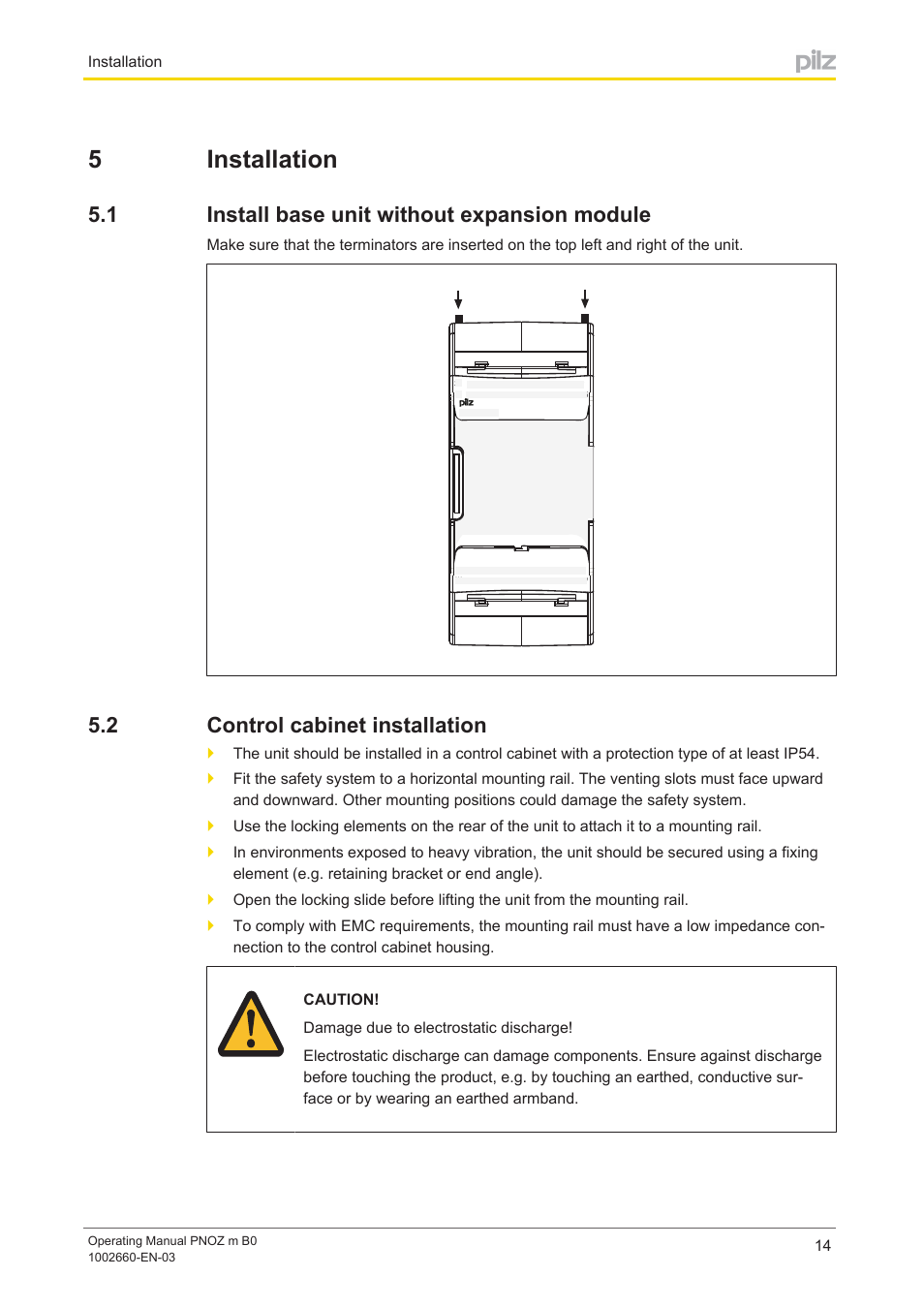 5 installation, 1 install base unit without expansion module, 2 control cabinet installation | Section 5, Installation, Install base unit without expansion module, Control cabinet installation, 5installation | Pilz PNOZ m B0 User Manual | Page 14 / 39