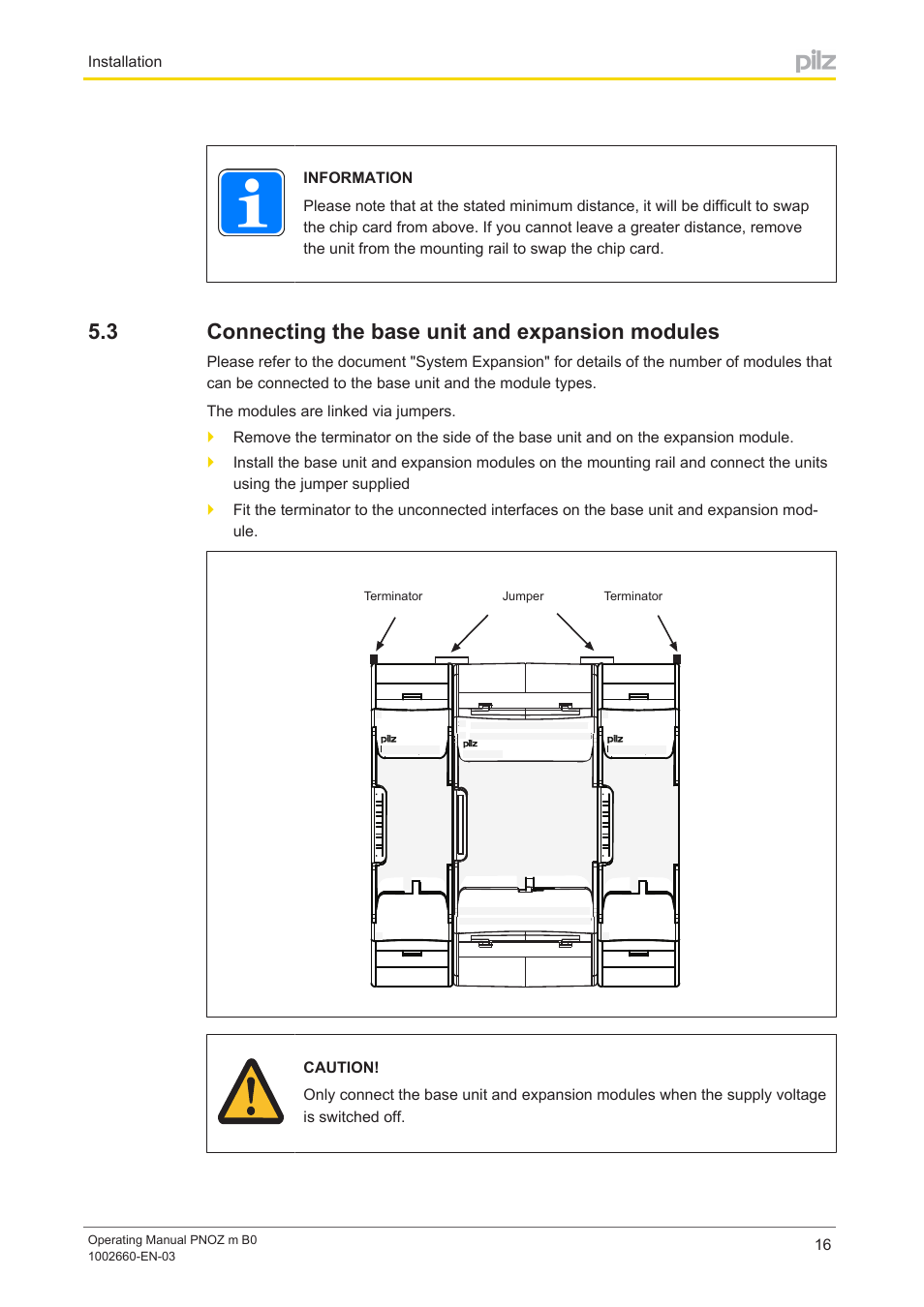 3 connecting the base unit and expansion modules, Connecting the base unit and expansion modules, Installation | Pilz PNOZ m B0 User Manual | Page 16 / 39