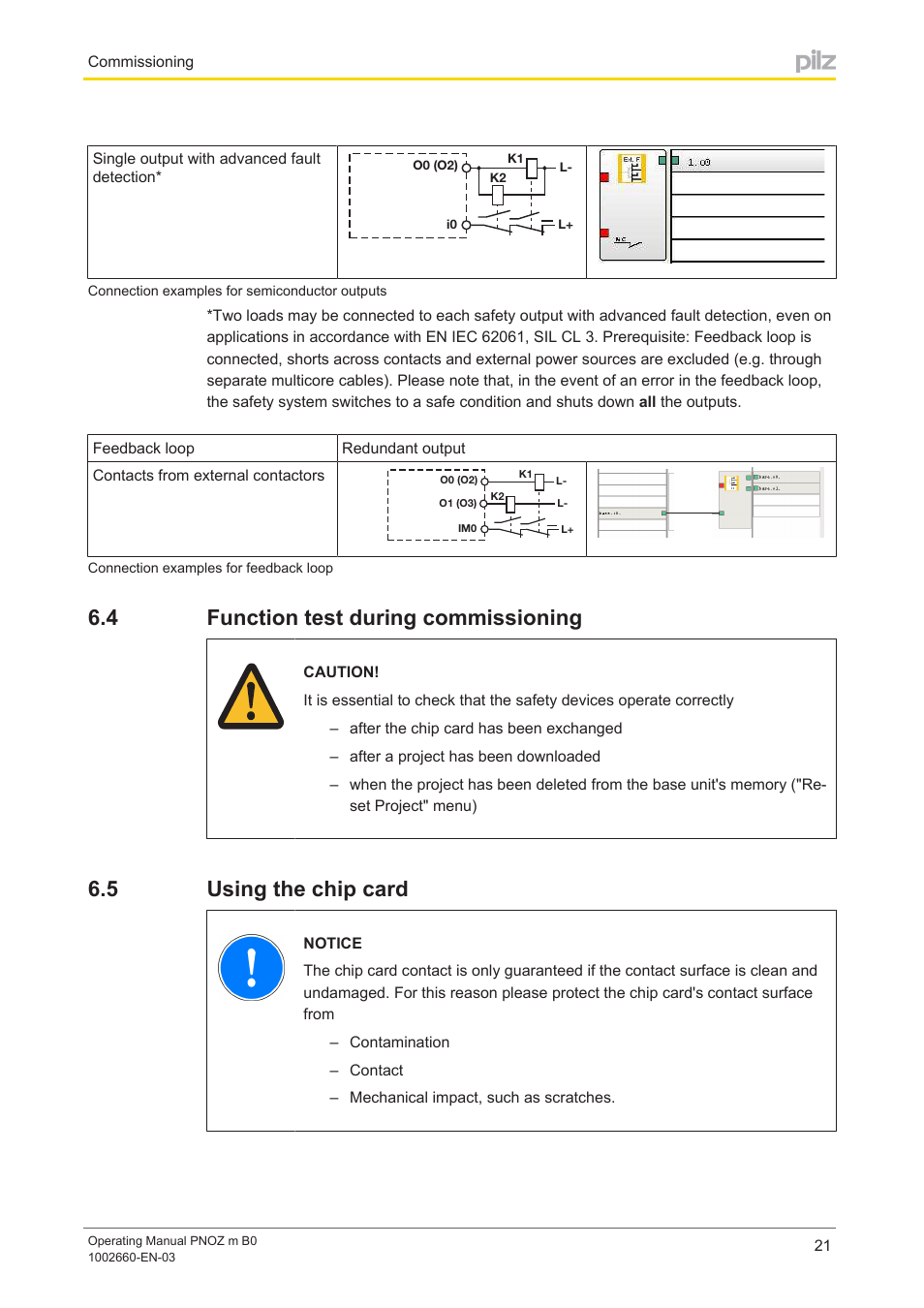 4 function test during commissioning, 5 using the chip card, Function test during commissioning | Using the chip card | Pilz PNOZ m B0 User Manual | Page 21 / 39