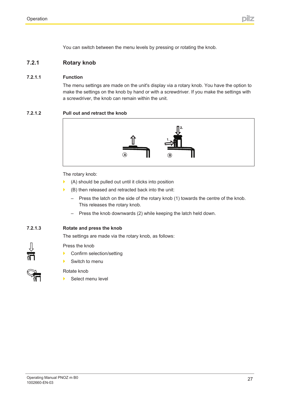 1 rotary knob, 1 function, 2 pull out and retract the knob | 3 rotate and press the knob, Rotary knob, Function, Pull out and retract the knob, Rotate and press the knob | Pilz PNOZ m B0 User Manual | Page 27 / 39