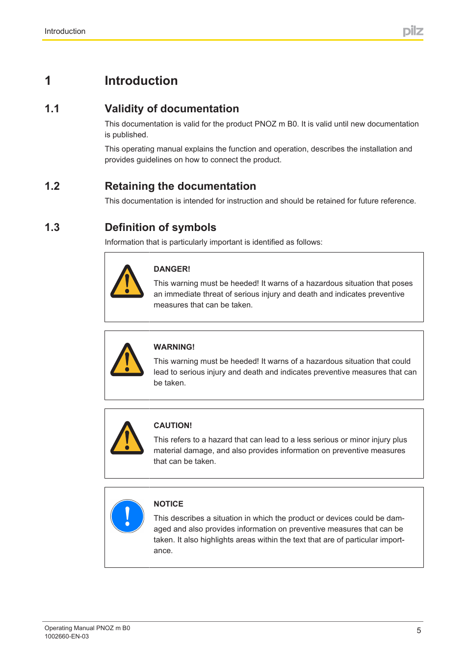 1 introduction, 1 validity of documentation, 2 retaining the documentation | 3 definition of symbols, Section 1, Introduction, Validity of documentation, Retaining the documentation, Definition of symbols, 1introduction | Pilz PNOZ m B0 User Manual | Page 5 / 39
