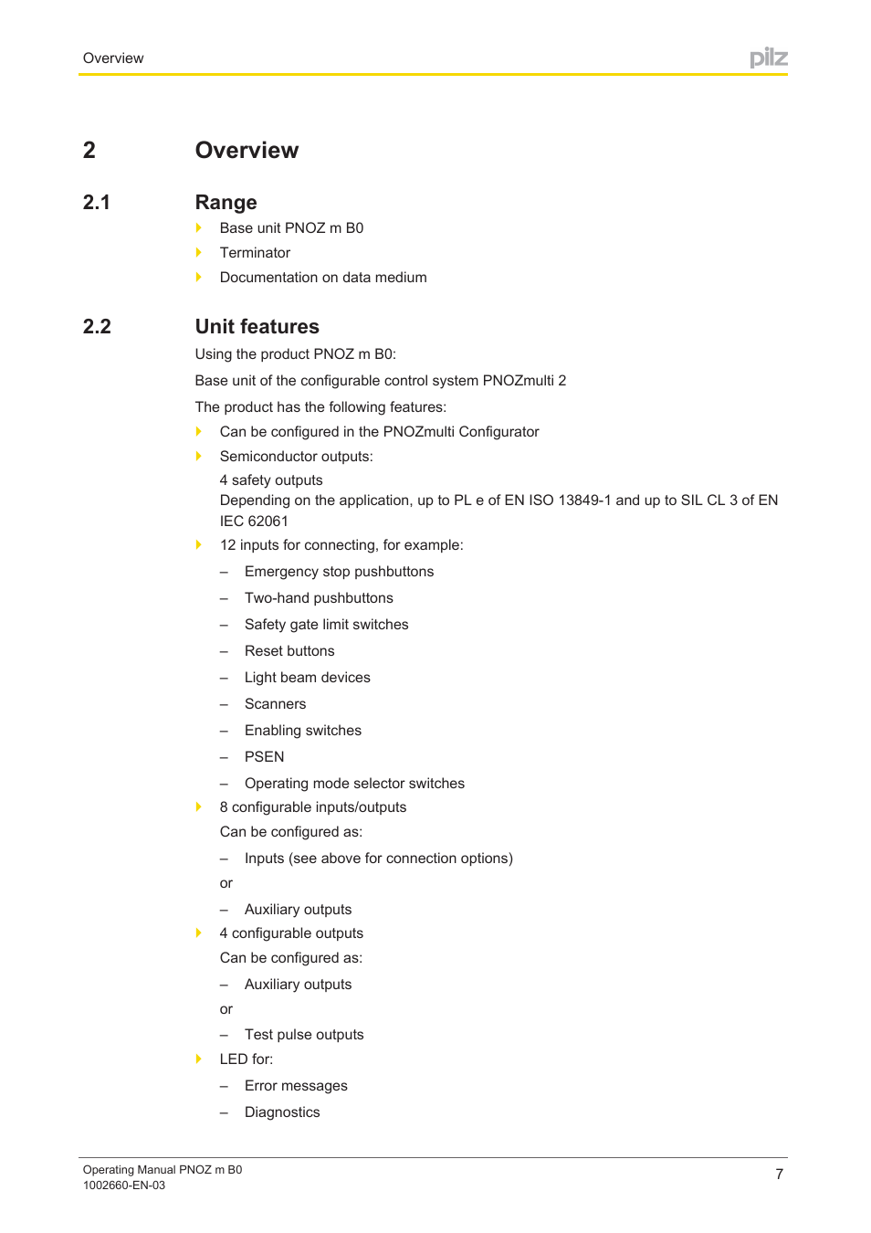 2 overview, 1 range, 2 unit features | Section 2, Overview, Range, Unit features, 2overview | Pilz PNOZ m B0 User Manual | Page 7 / 39