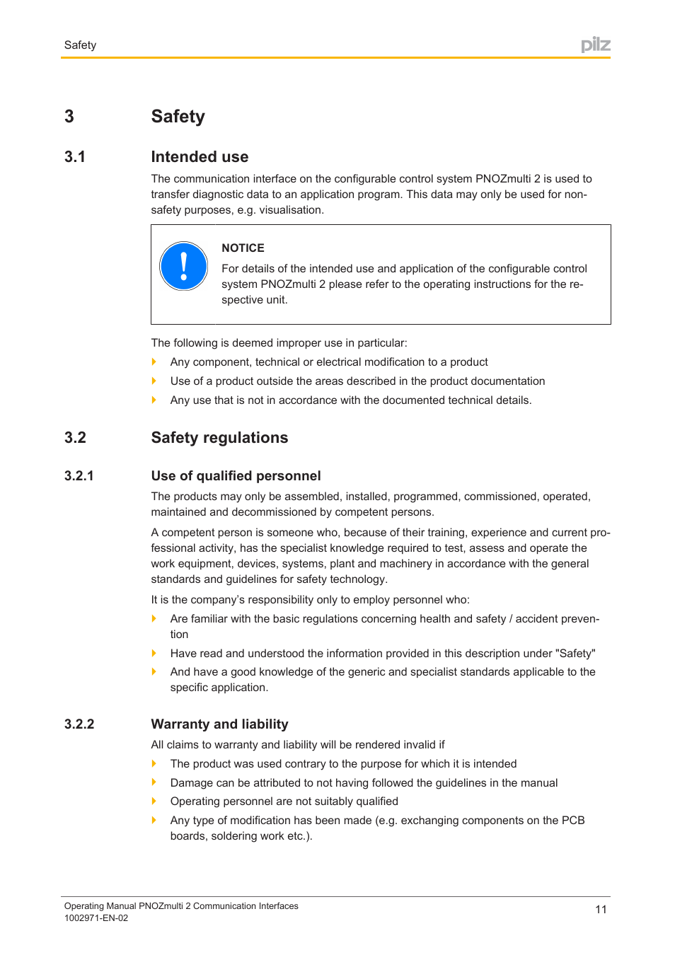 3 safety, 1 intended use, 2 safety regulations | 1 use of qualified personnel, 2 warranty and liability, Section 3, Safety, Intended use, Safety regulations, Use of qualified personnel | Pilz PNOZ m B0 User Manual | Page 11 / 157