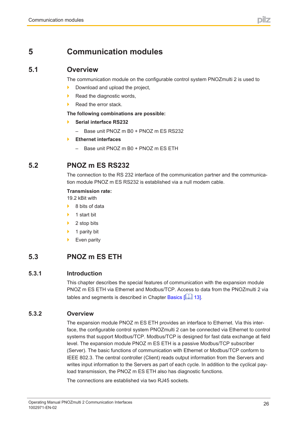 5 communication modules, 1 overview, 2 pnoz m es rs232 | 3 pnoz m es eth, 1 introduction, 2 overview, Section 5, Communication modules, Overview, Pnoz m es rs232 | Pilz PNOZ m B0 User Manual | Page 26 / 157