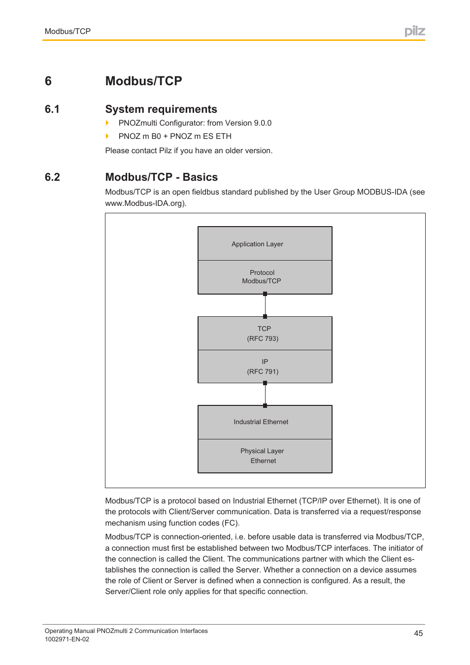 6 modbus/tcp, 1 system requirements, 2 modbus/tcp - basics | Section 6, Modbus/tcp, System requirements, Modbus/tcp ­ basics, The communication module pnoz m es eth supports, 6modbus/tcp, 2 modbus/tcp ­ basics | Pilz PNOZ m B0 User Manual | Page 45 / 157